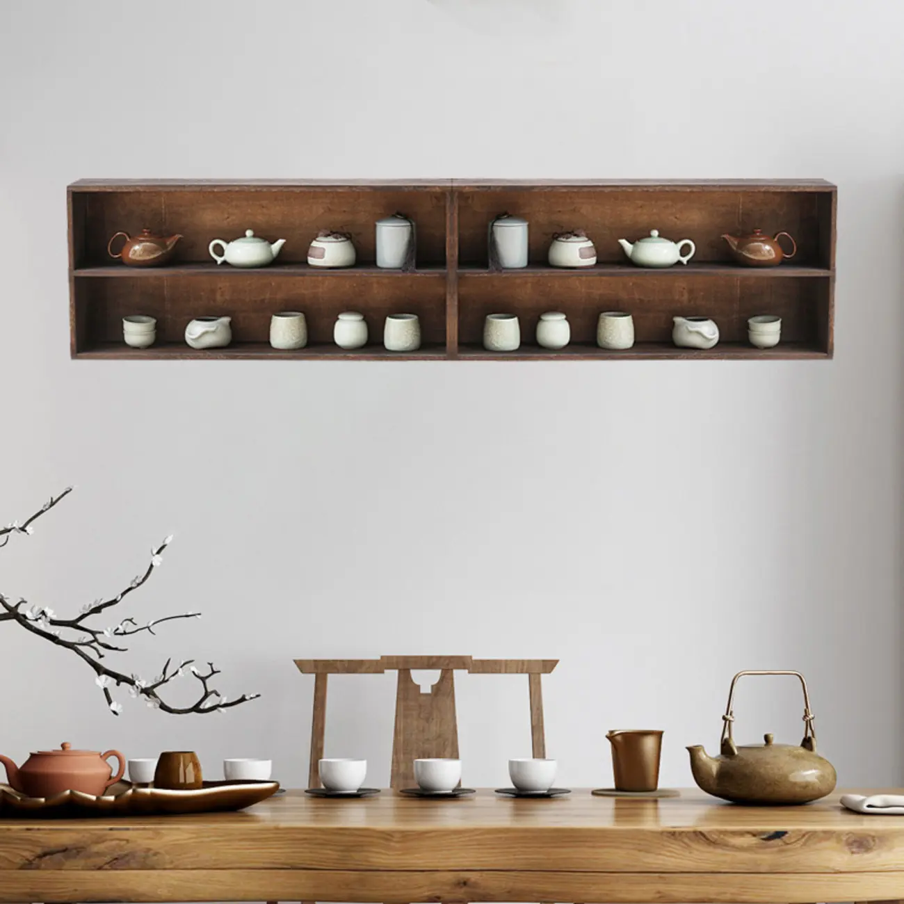 Traditional Long Brown Wood Wall Mount Open Display Cabinet Image - 3 | homeyfad