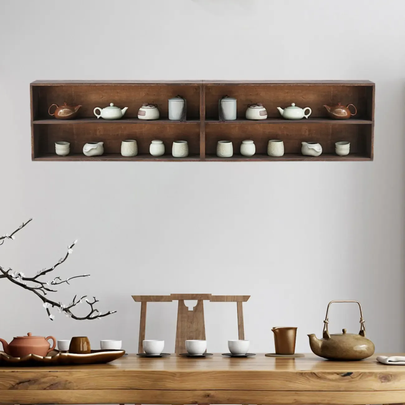 Traditional Long Brown Wood Wall Mount Open Display Cabinet Image - 3