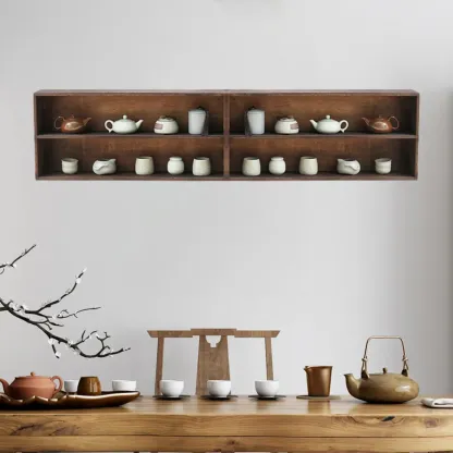 Traditional Long Brown Wood Wall Mount Open Display Cabinet Image - 3