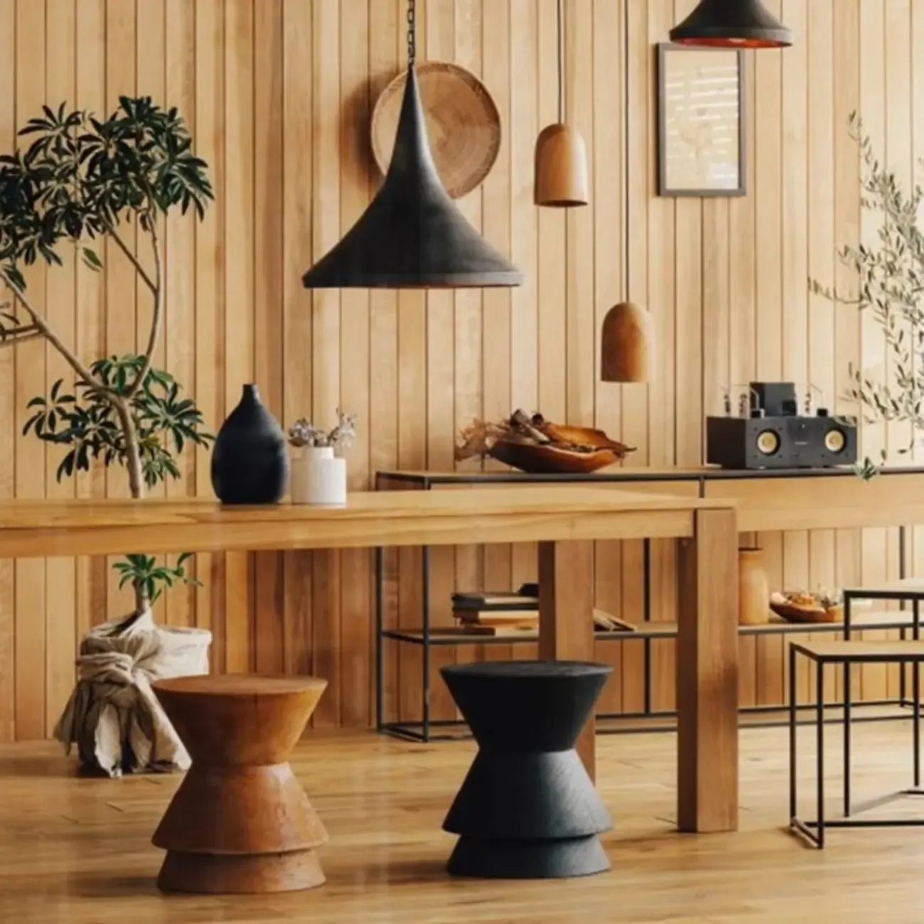 Traditional Wooden Round End Table with Drum Base for Home Image - 3