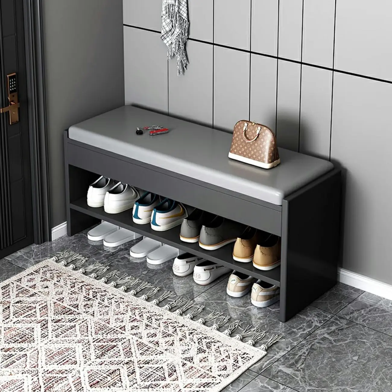 Minimalist Wood Shoe Storage Bench with Leather Cushion Image - 1 | homeyfad