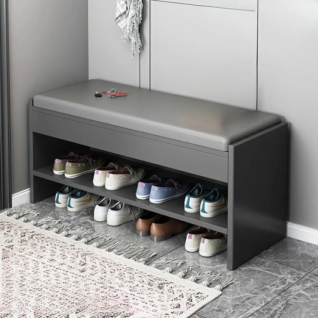 Minimalist Wood Shoe Storage Bench with Leather Cushion Image - 2 | homeyfad