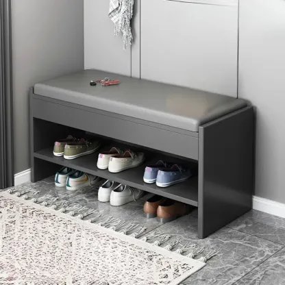 Minimalist Wood Shoe Storage Bench with Leather Cushion Image - 5