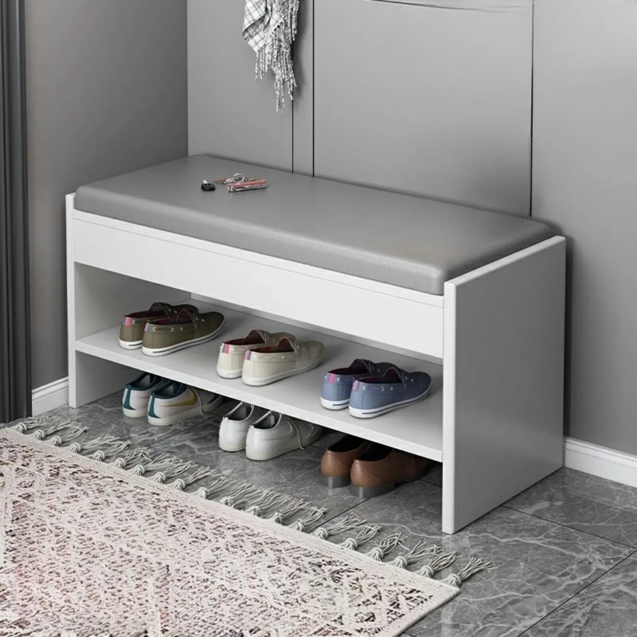 Minimalist Wood Shoe Storage Bench with Leather Cushion Image - 7 | homeyfad