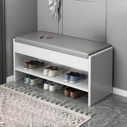 Minimalist Wood Shoe Storage Bench with Leather Cushion Image - 7