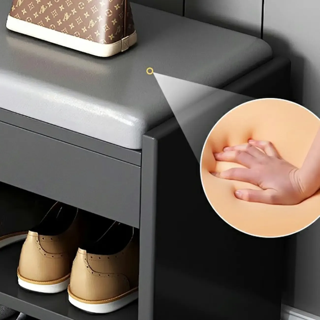 Minimalist Wood Shoe Storage Bench with Leather Cushion Image - 8