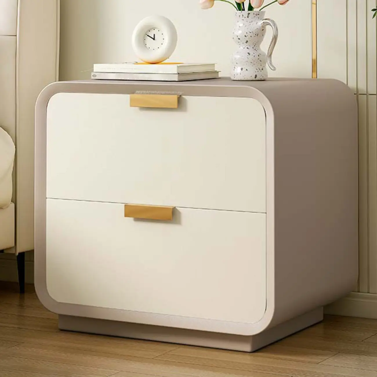 Art Deco Leather Wood 2-Drawer Nightstand Image - 2 | homeyfad