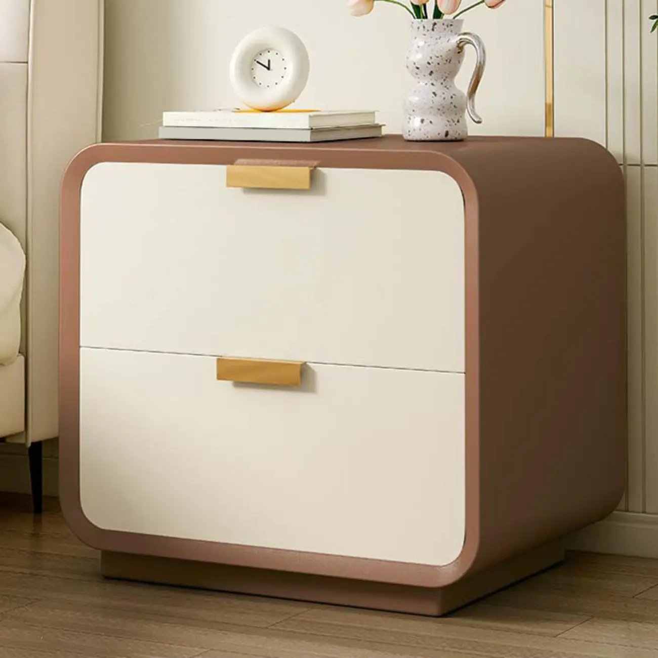 Art Deco Leather Wood 2-Drawer Nightstand Image - 3 | homeyfad