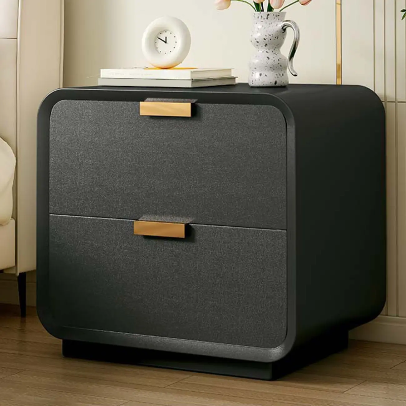 Art Deco Leather Wood 2-Drawer Nightstand Image - 1 | homeyfad