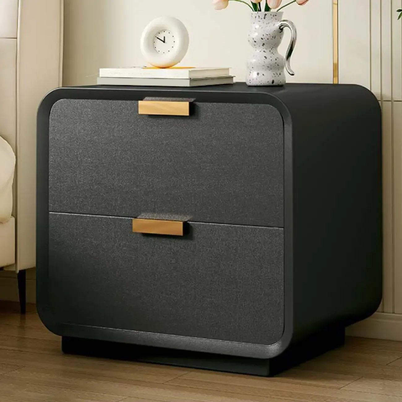 Art Deco Leather Wood 2-Drawer Nightstand Image - 1