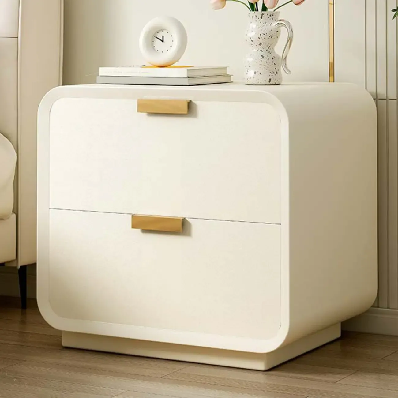 Art Deco Leather Wood 2-Drawer Nightstand Image - 5