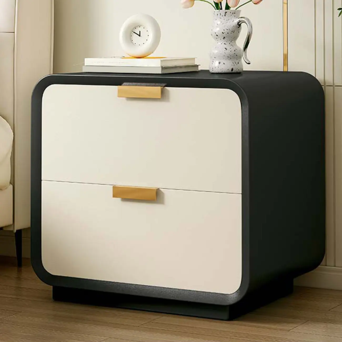 Art Deco Leather Wood 2-Drawer Nightstand Image - 6 | homeyfad