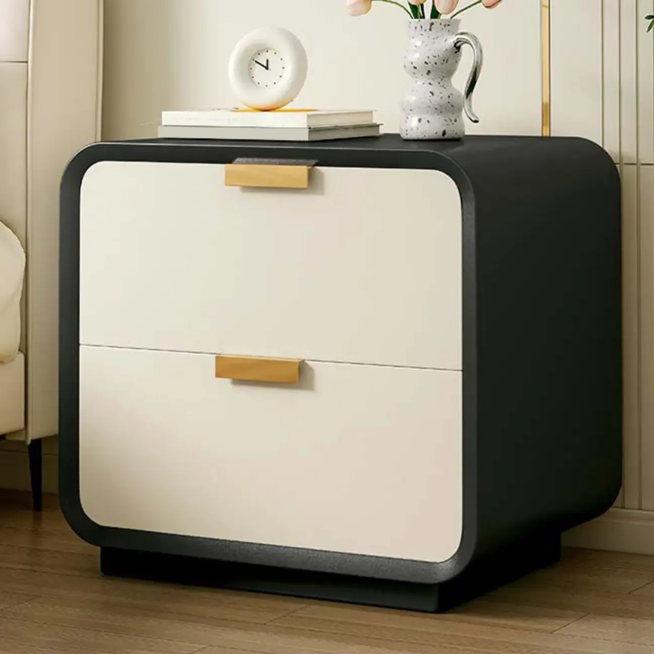 Art Deco Leather Wood 2-Drawer Nightstand Image - 6