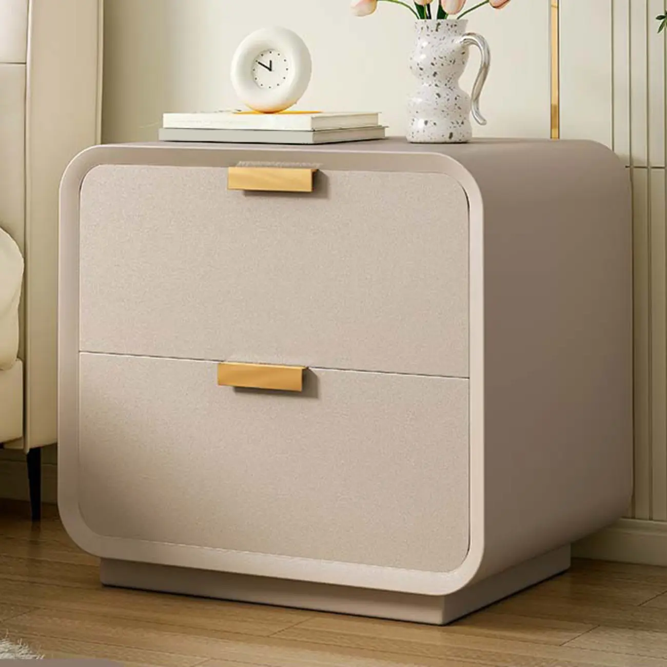 Art Deco Leather Wood 2-Drawer Nightstand Image - 7 | homeyfad