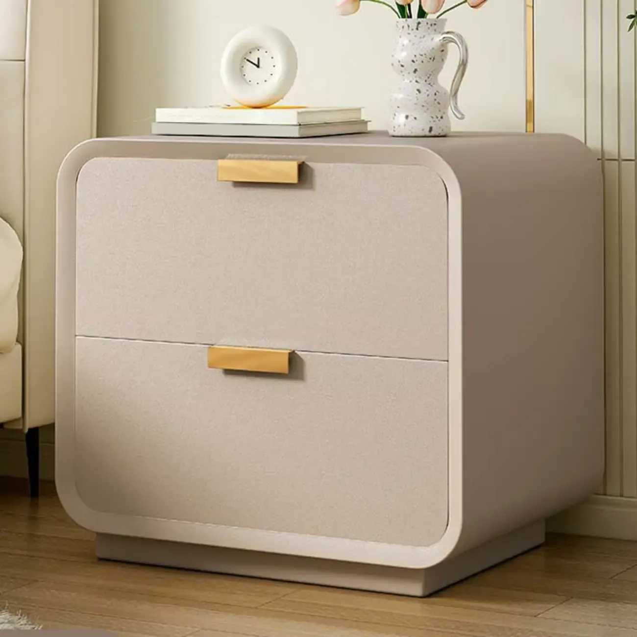 Art Deco Leather Wood 2-Drawer Nightstand Image - 7