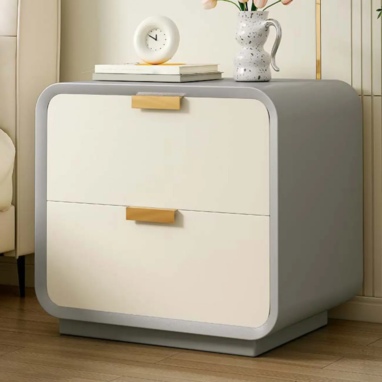 Art Deco Leather Wood 2-Drawer Nightstand Image - 9 | homeyfad