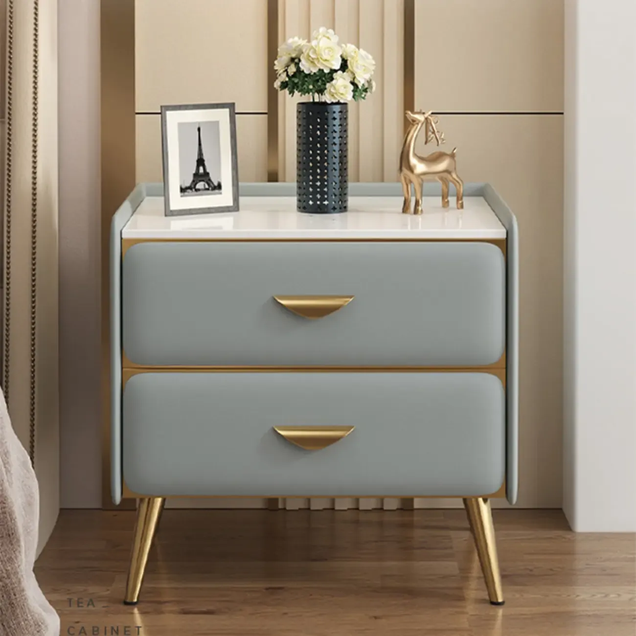 Elegant Stone Top Gold Accents Nightstand with 2 Drawers Image - 1