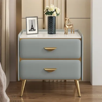 Elegant Stone Top Gold Accents Nightstand with 2 Drawers Image - 1