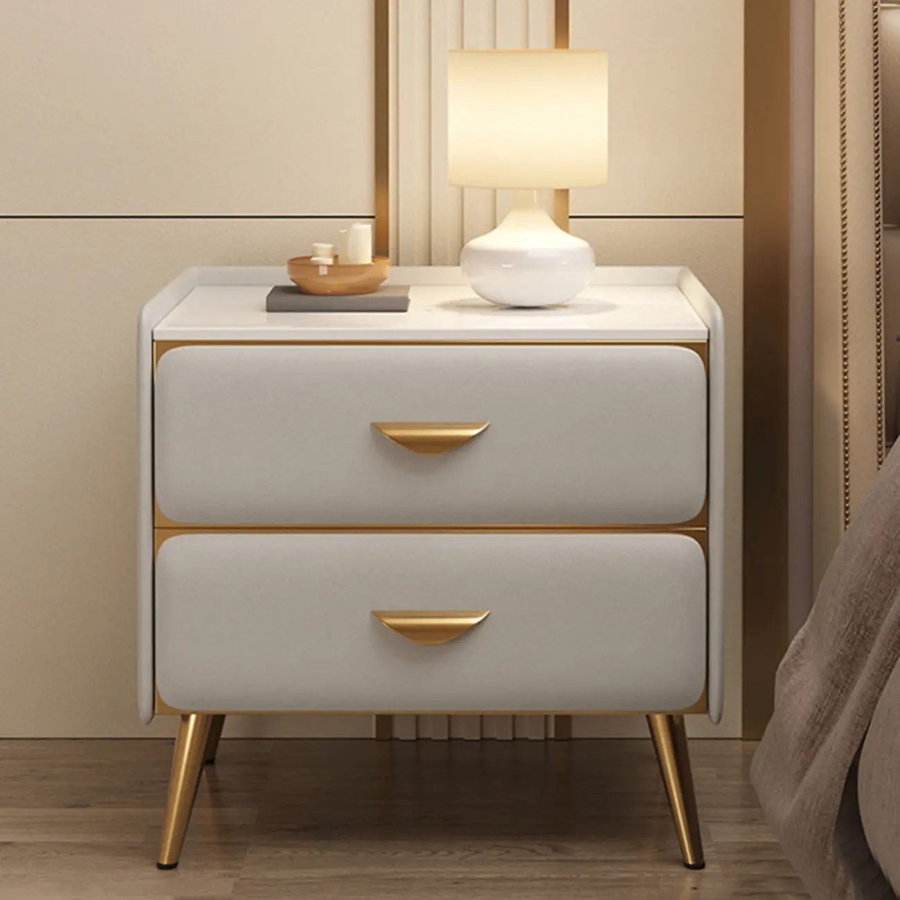 Elegant Stone Top Gold Accents Nightstand with 2 Drawers Image - 4 | homeyfad