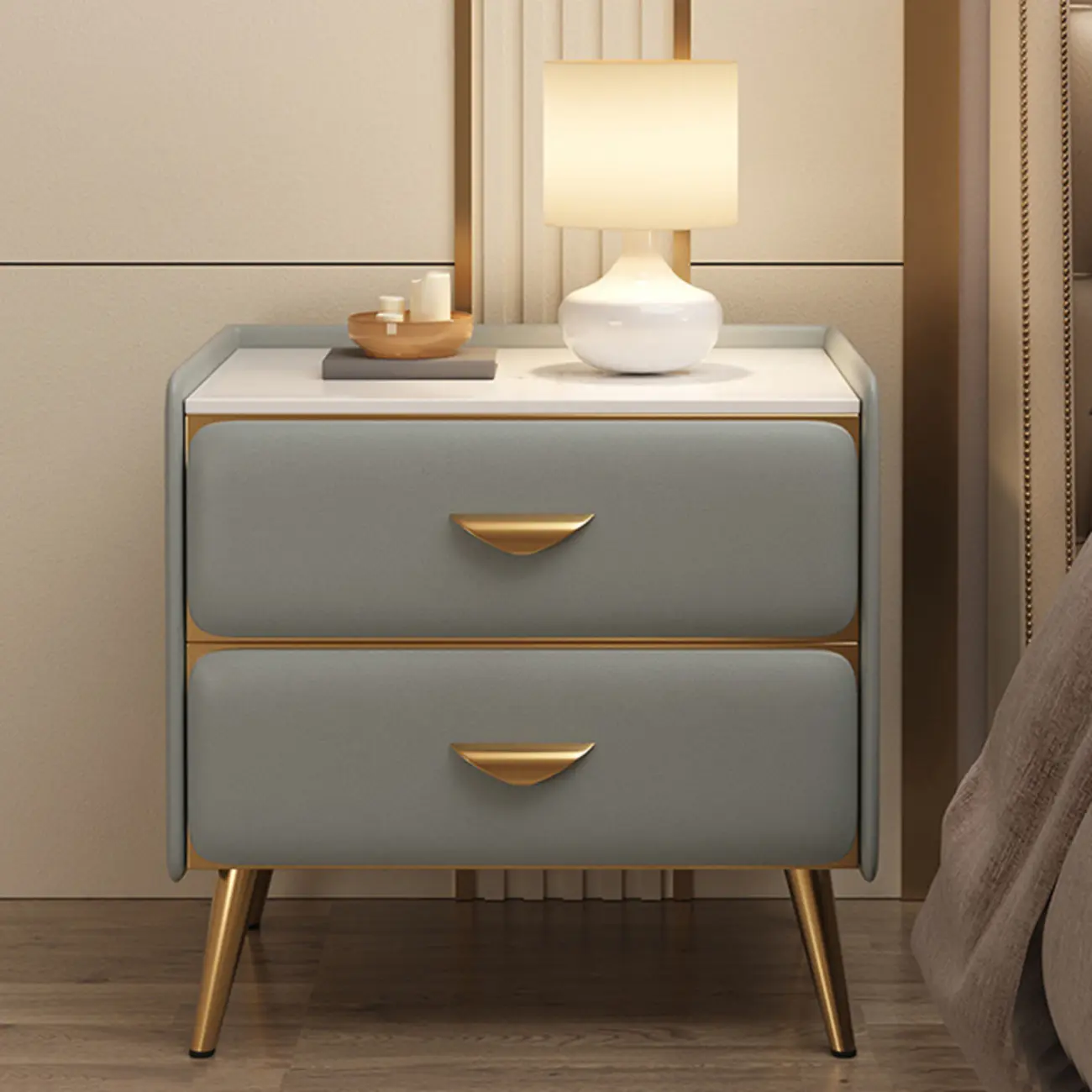 Elegant Stone Top Gold Accents Nightstand with 2 Drawers Image - 2 | homeyfad