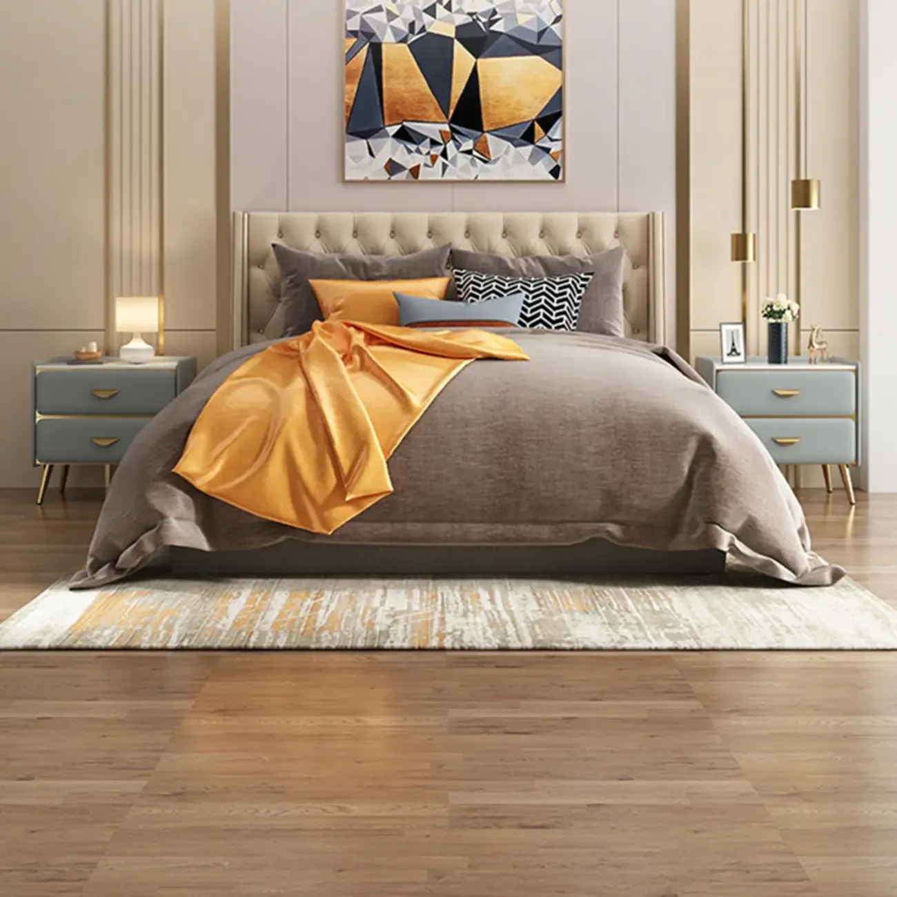 Elegant Stone Top Gold Accents Nightstand with 2 Drawers Image - 3