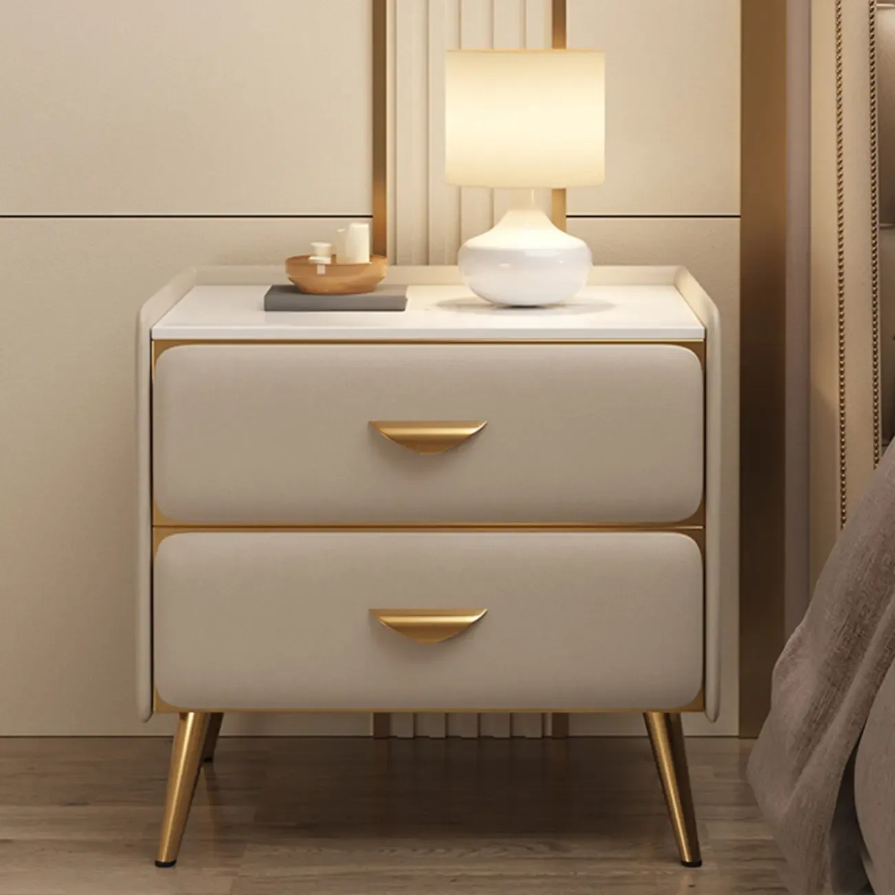 Elegant Stone Top Gold Accents Nightstand with 2 Drawers Image - 5