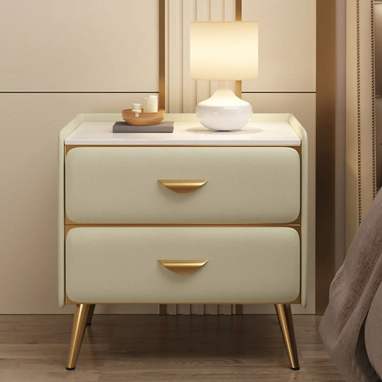 Elegant Stone Top Gold Accents Nightstand with 2 Drawers Image - 6 | homeyfad