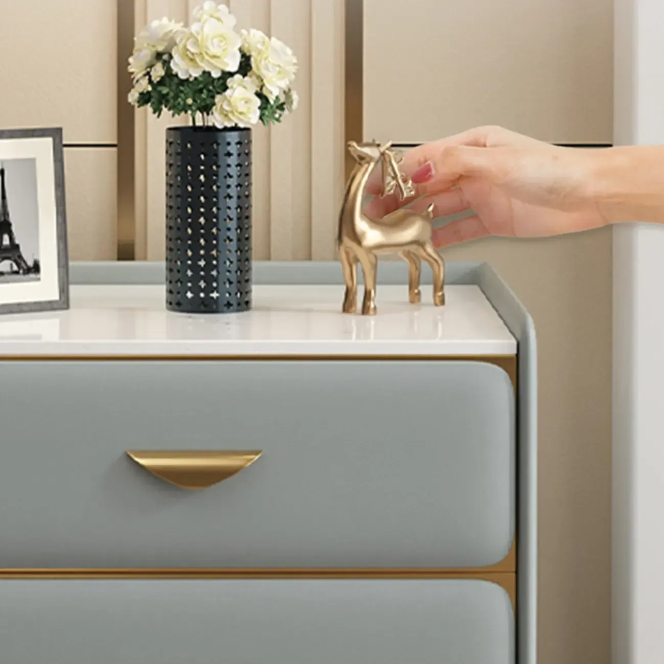 Elegant Stone Top Gold Accents Nightstand with 2 Drawers Image - 8