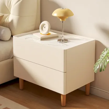  Modern White Sintered Stone Top Leather Drawers Nightstand Image - 1