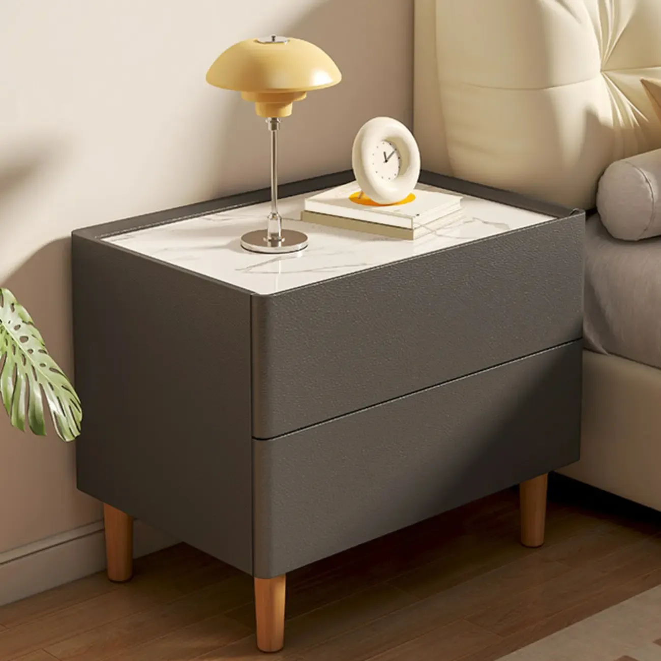  Modern White Sintered Stone Top Leather Drawers Nightstand Image - 2