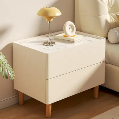  Modern White Sintered Stone Top Leather Drawers Nightstand Image - 3