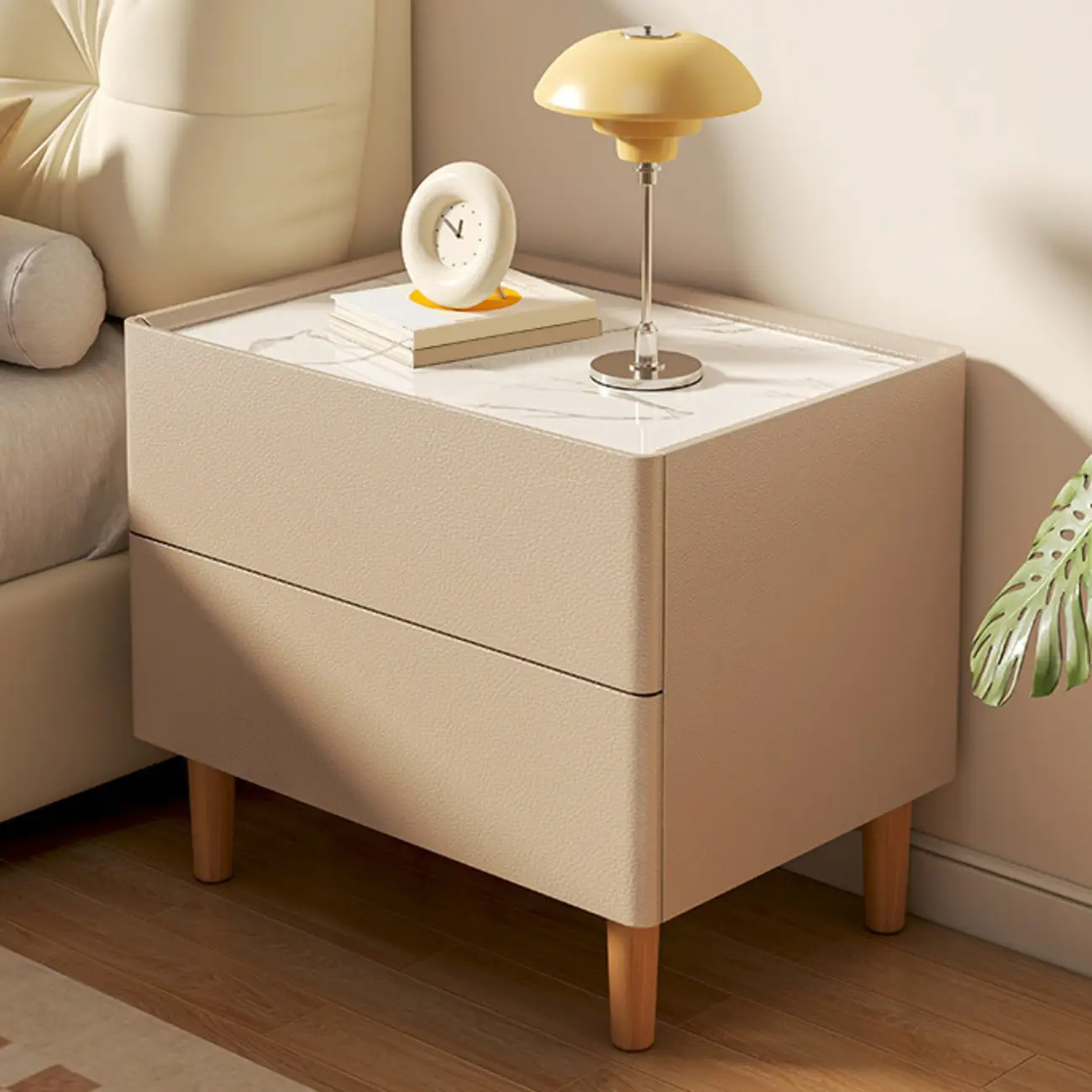  Modern White Sintered Stone Top Leather Drawers Nightstand Image - 4 | homeyfad