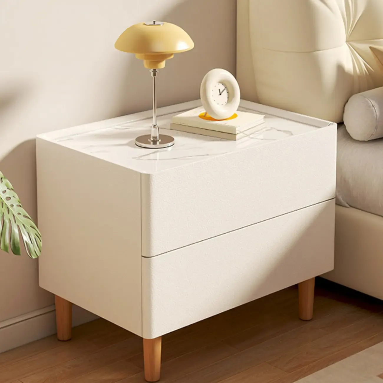  Modern White Sintered Stone Top Leather Drawers Nightstand Image - 7