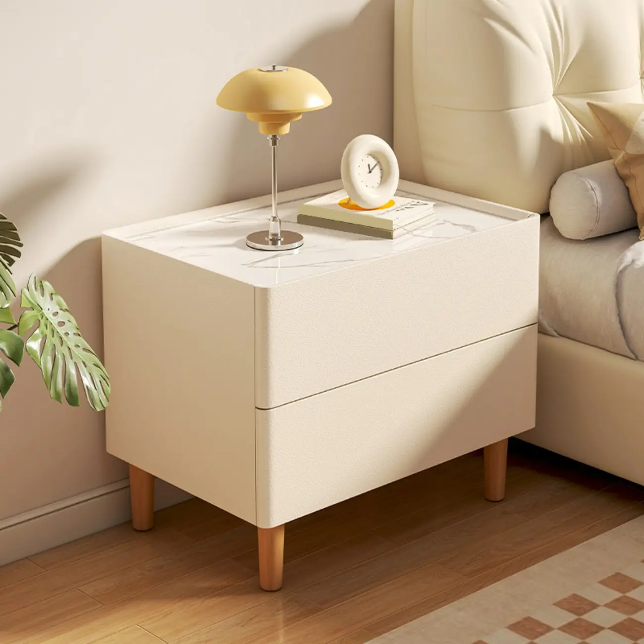  Modern White Sintered Stone Top Leather Drawers Nightstand Image - 8 | homeyfad