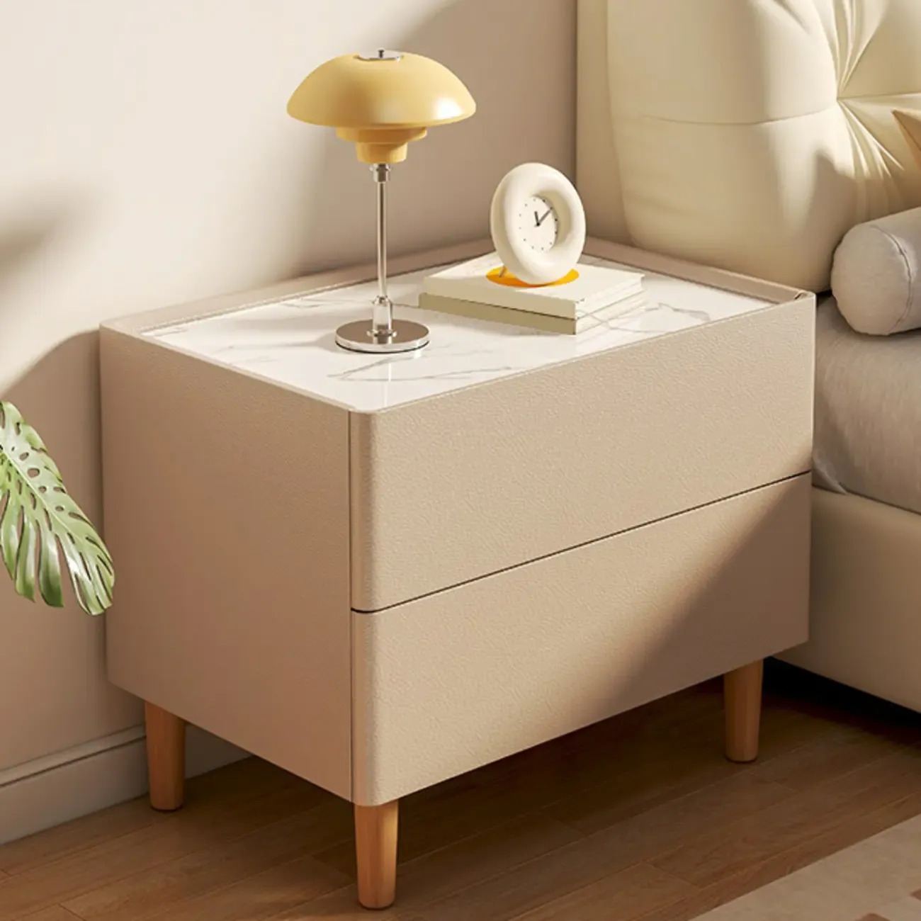  Modern White Sintered Stone Top Leather Drawers Nightstand Image - 9