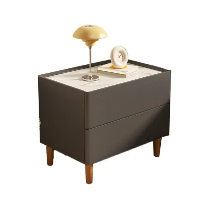  Modern White Sintered Stone Top Leather Drawers Nightstand Image - 10