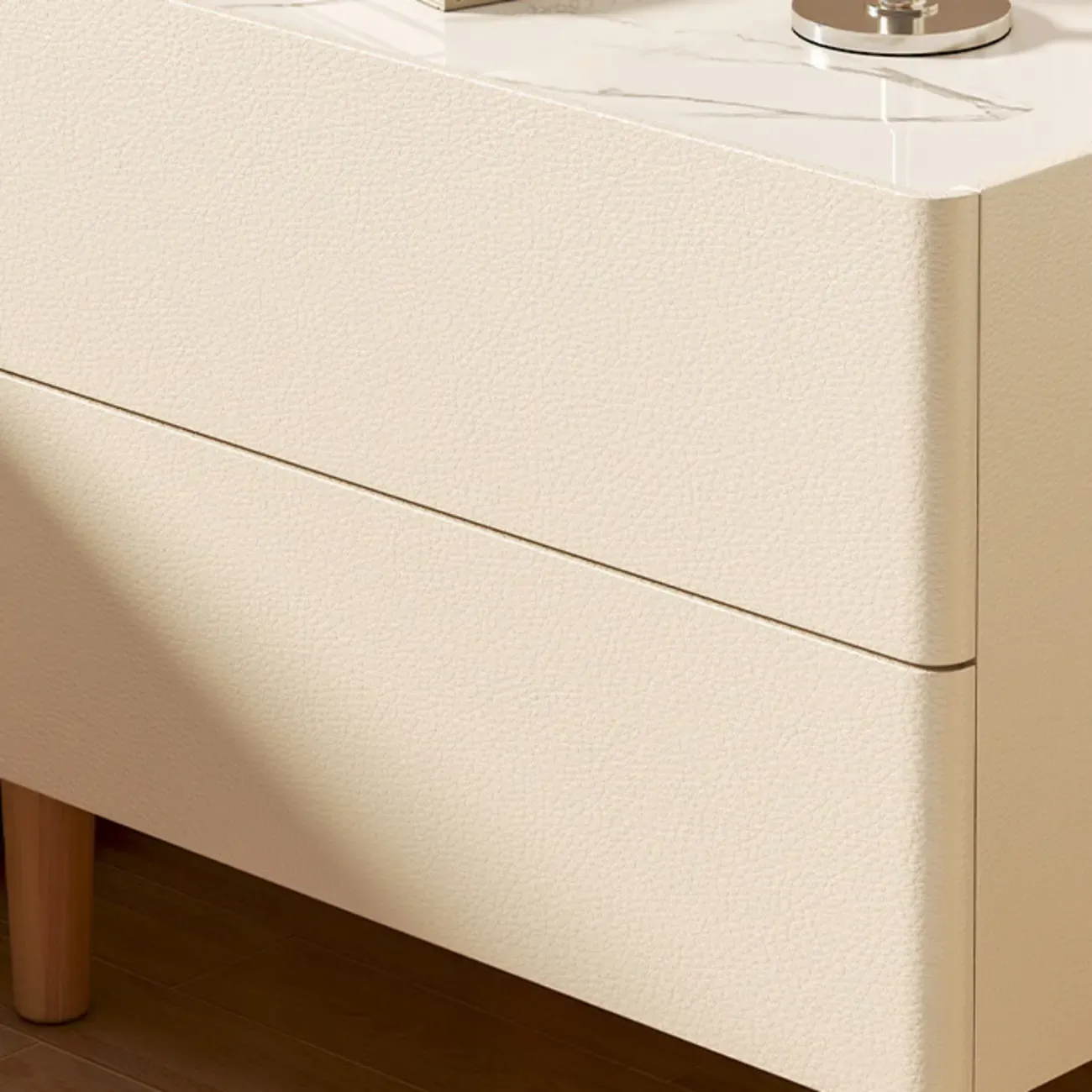  Modern White Sintered Stone Top Leather Drawers Nightstand Image - 13