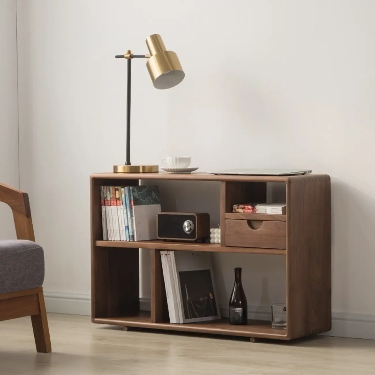 Walnut Wooden Open Shelving End Table for Living Room Image - 2 | homeyfad