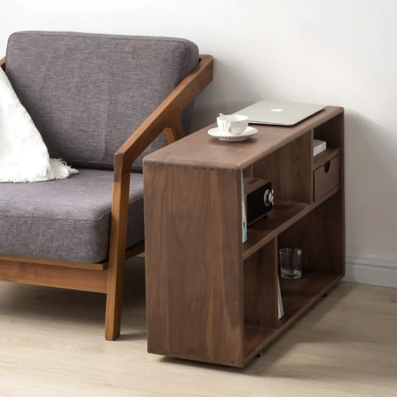Walnut Wooden Open Shelving End Table for Living Room Image - 5