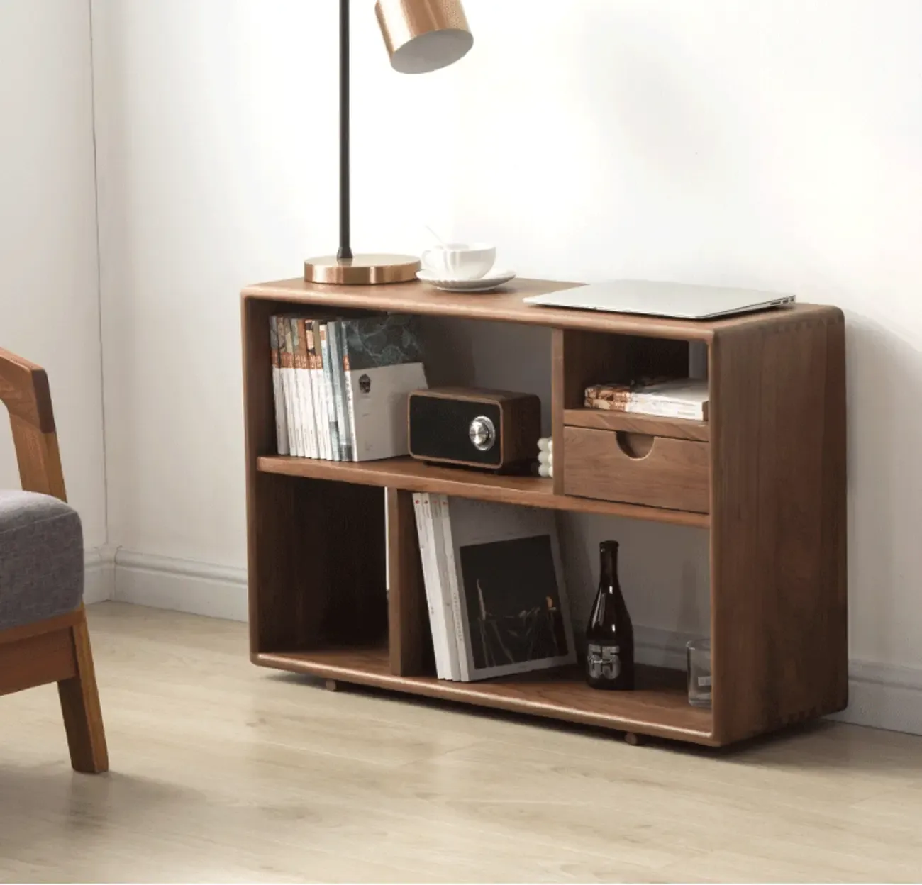 Walnut Wooden Open Shelving End Table for Living Room Image - 3