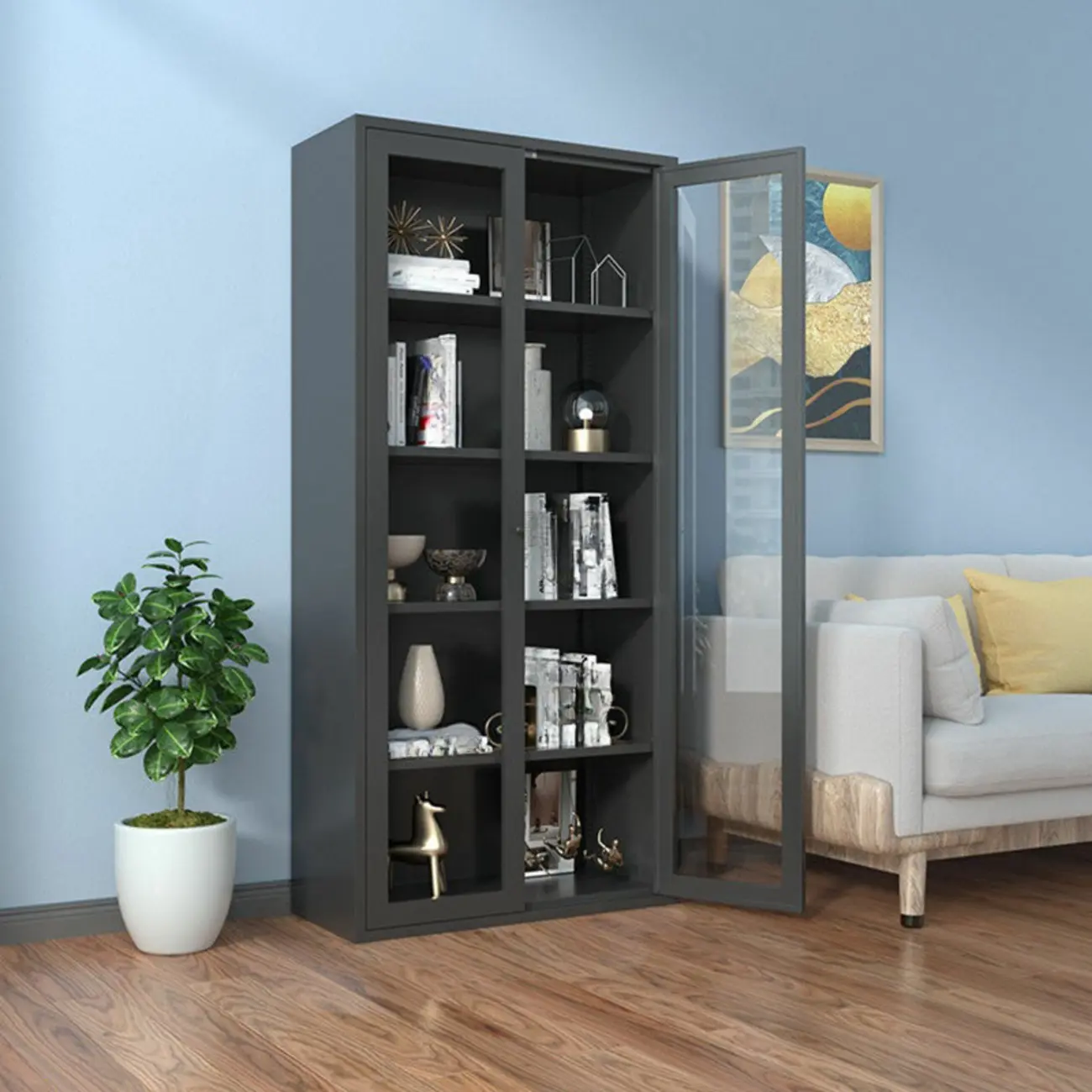 Modern Black Iron Adjustable Display Cabinet for Living Room Image - 13 | homeyfad