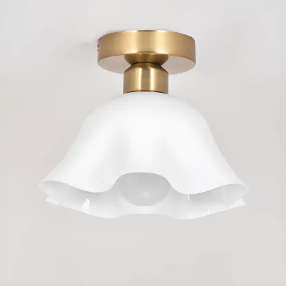 White Flower Glass Shade Metal Semi Flush Ceiling Light Image - 7