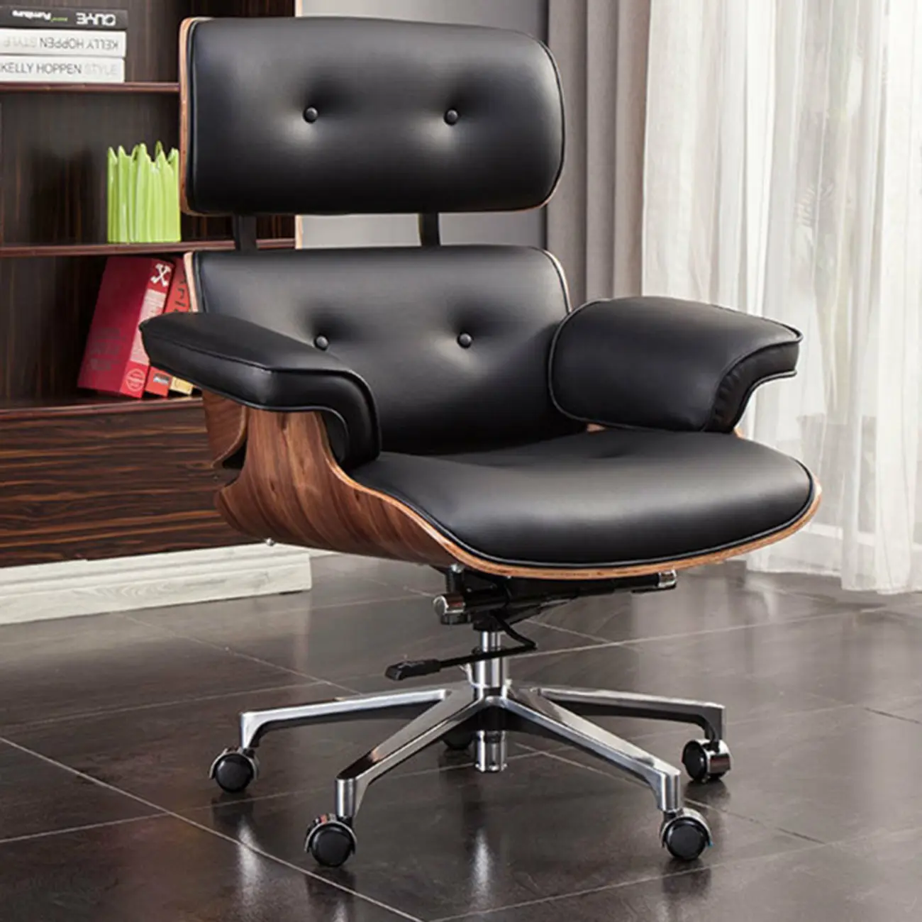 Swivel Black Leather Adjustable Office Chair Image - 10 | homeyfad