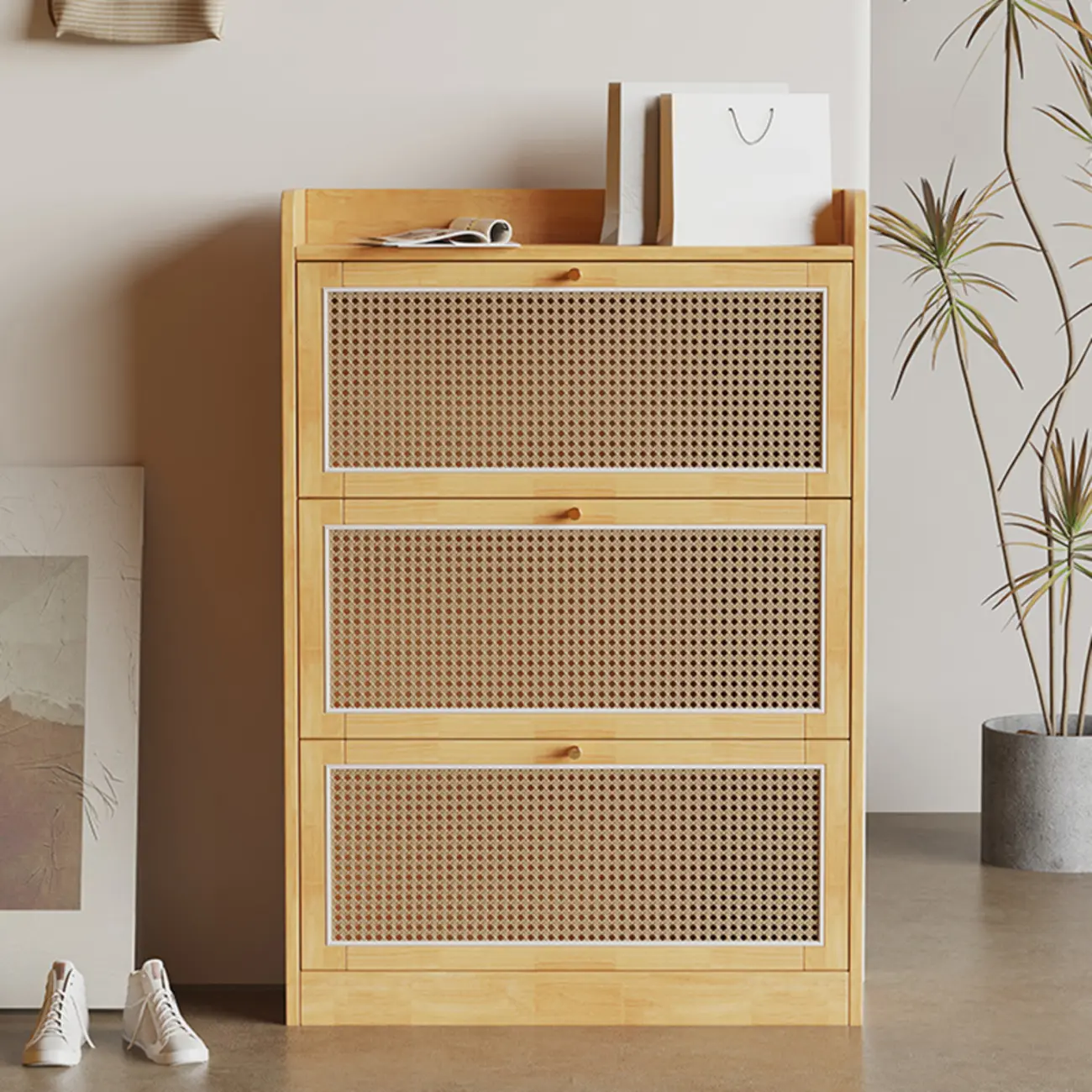 Bohemian Solid Wood Shoe Storage with Rattan Doors Image - 1 | homeyfad
