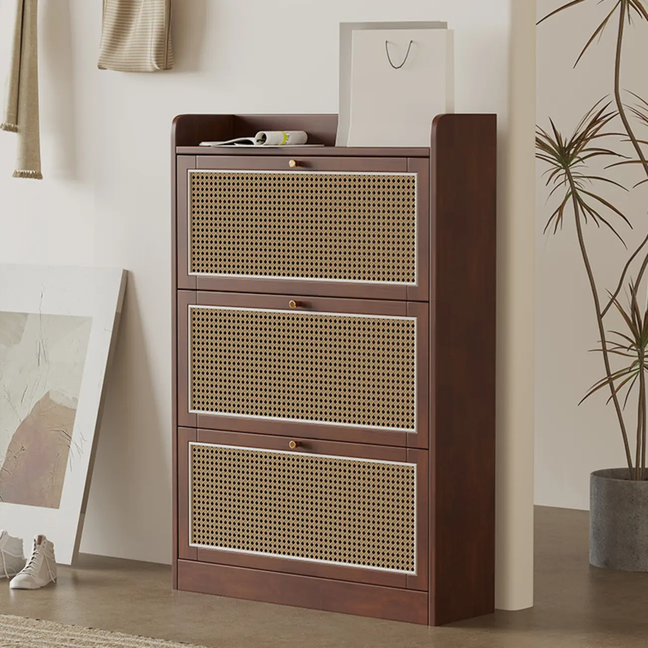 Bohemian Solid Wood Shoe Storage with Rattan Doors Image - 3 | homeyfad