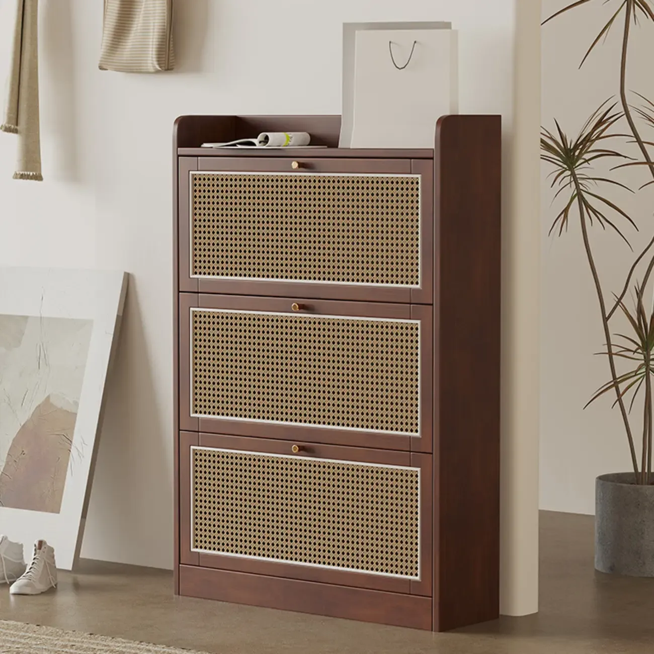 Bohemian Solid Wood Shoe Storage with Rattan Doors | HomeyFad