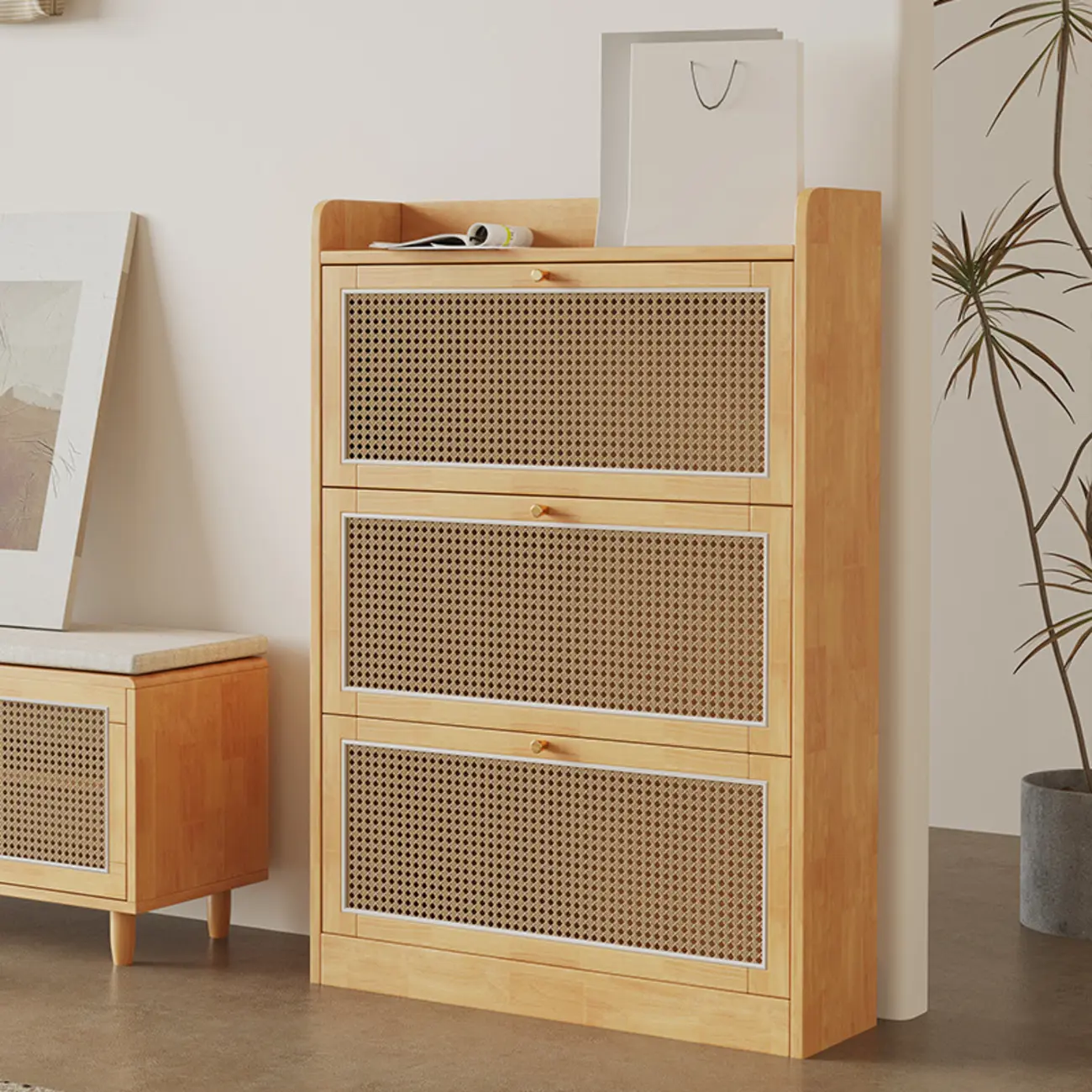 Bohemian Solid Wood Shoe Storage with Rattan Doors Image - 4 | homeyfad