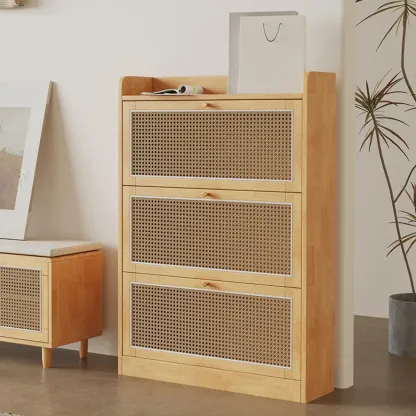 Bohemian Solid Wood Shoe Storage with Rattan Doors Image - 4