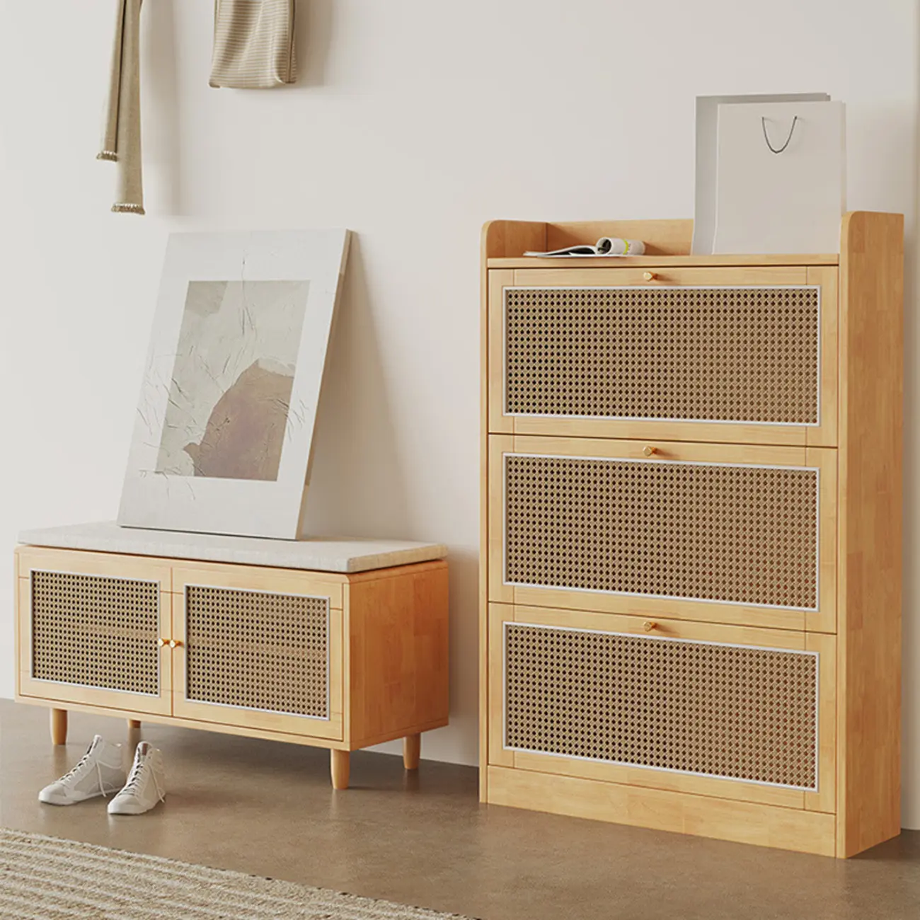Bohemian Solid Wood Shoe Storage with Rattan Doors Image - 5 | homeyfad