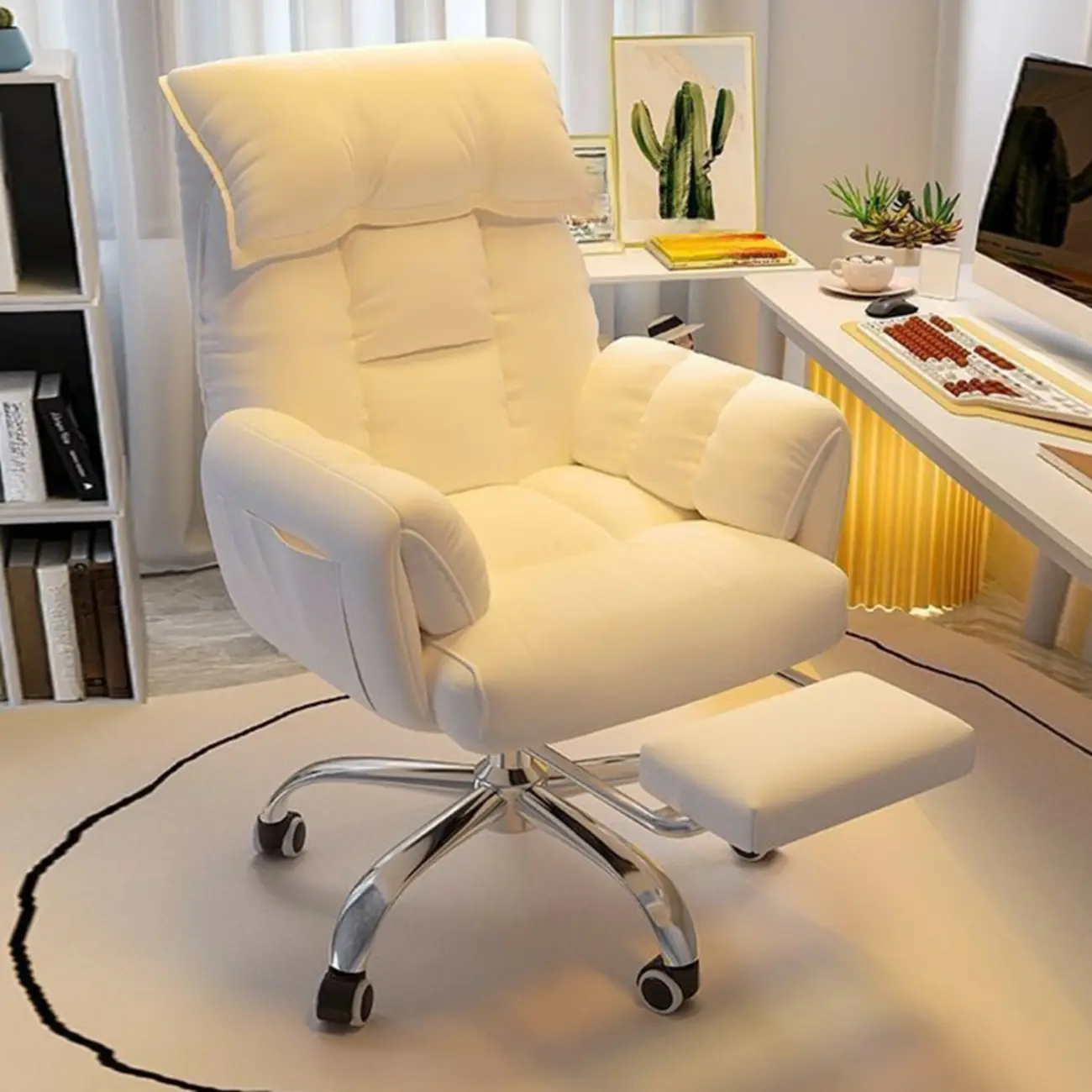 Simple Beige Leather Adjustable Swivel Office Chair Image - 1 | homeyfad